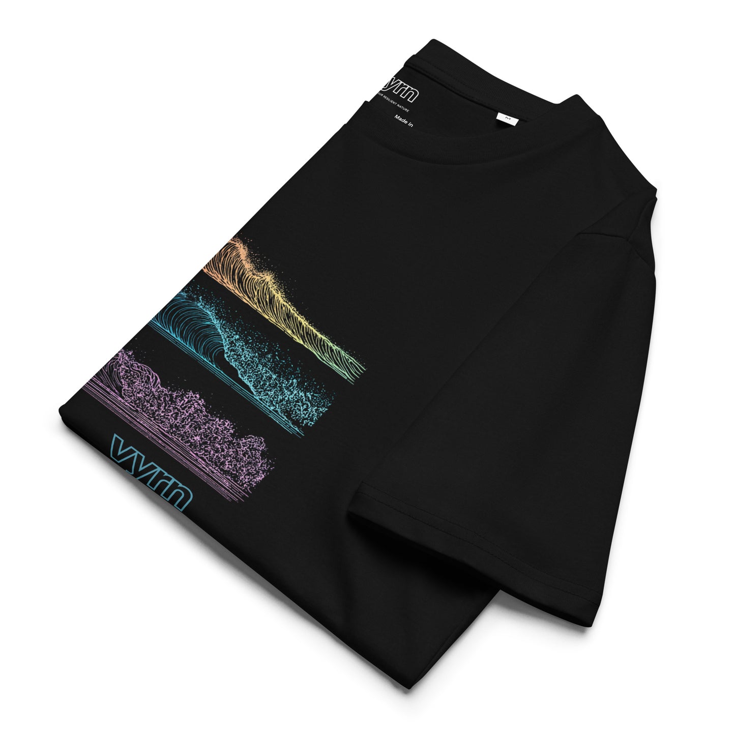 Black long-sleeve shirt with colorful graphic design on a white background