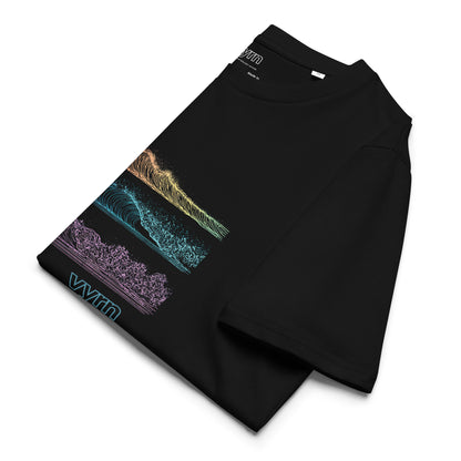 Black long-sleeve shirt with colorful graphic design on a white background