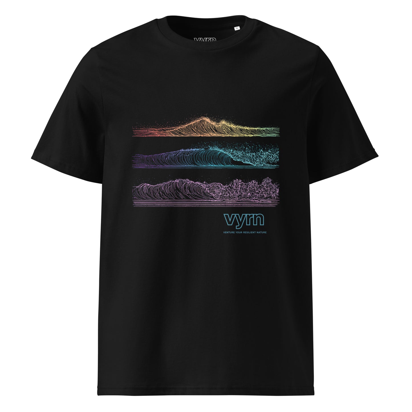 Black t-shirt with colorful mountain and wave design on a white background