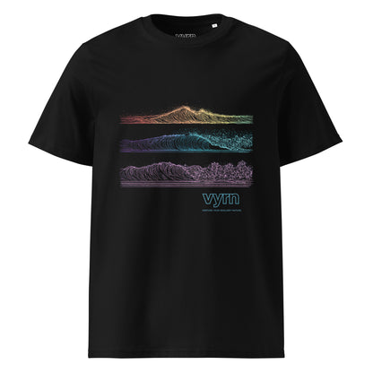Black t-shirt with colorful mountain and wave design on a white background