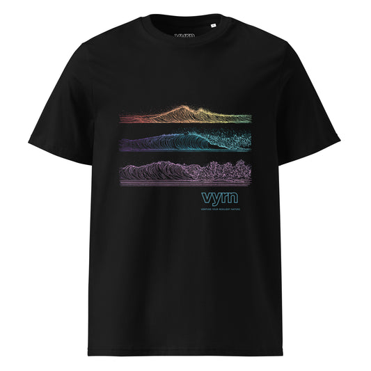 Black t-shirt with colorful mountain and wave design on a white background