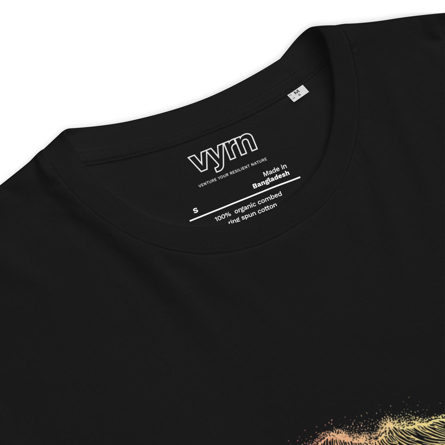 Black t-shirt with 'vym' branding and text on a white background