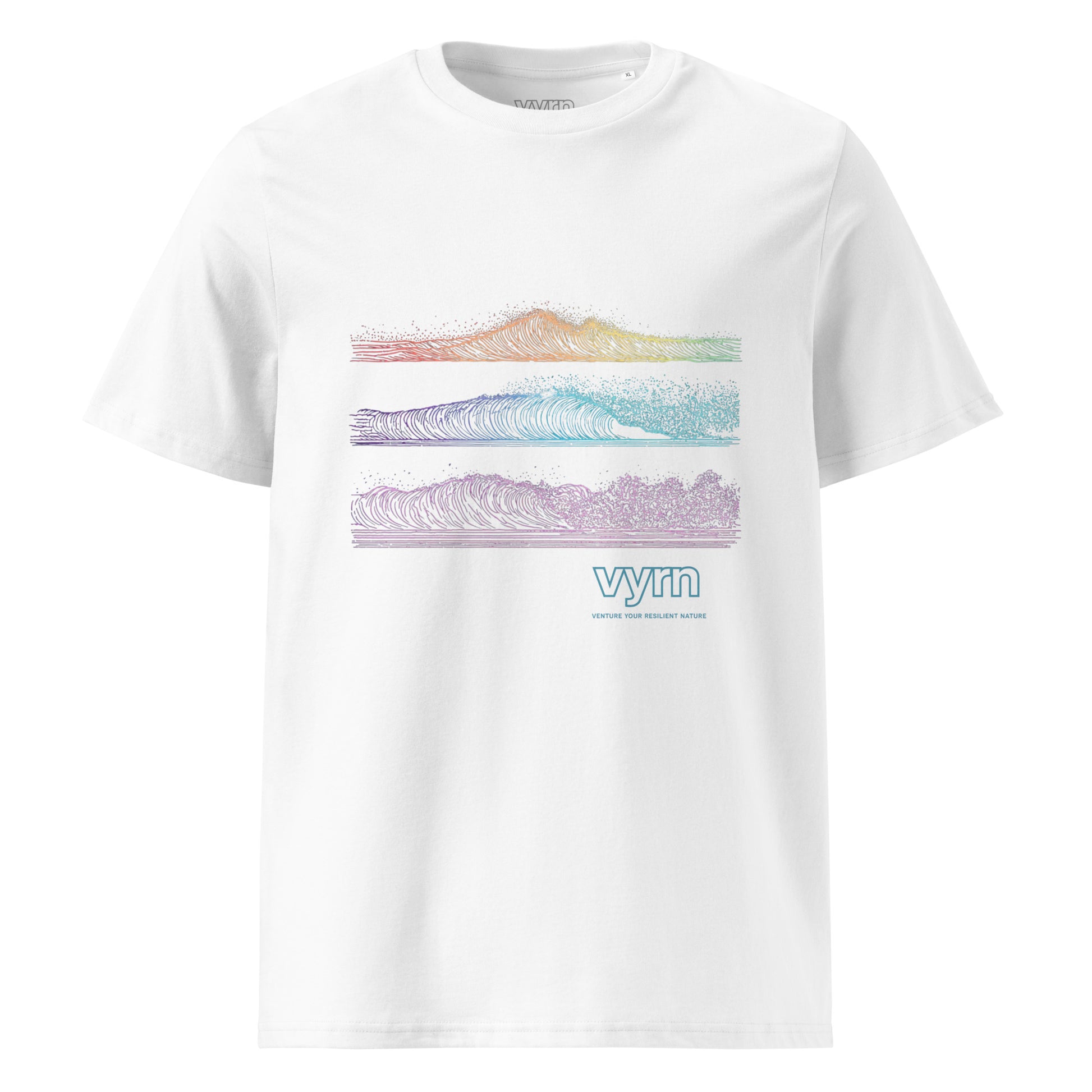White t-shirt with colorful mountain graphic and 'vryn' branding on a white background