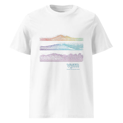 White t-shirt with colorful mountain graphic and 'vryn' branding on a white background