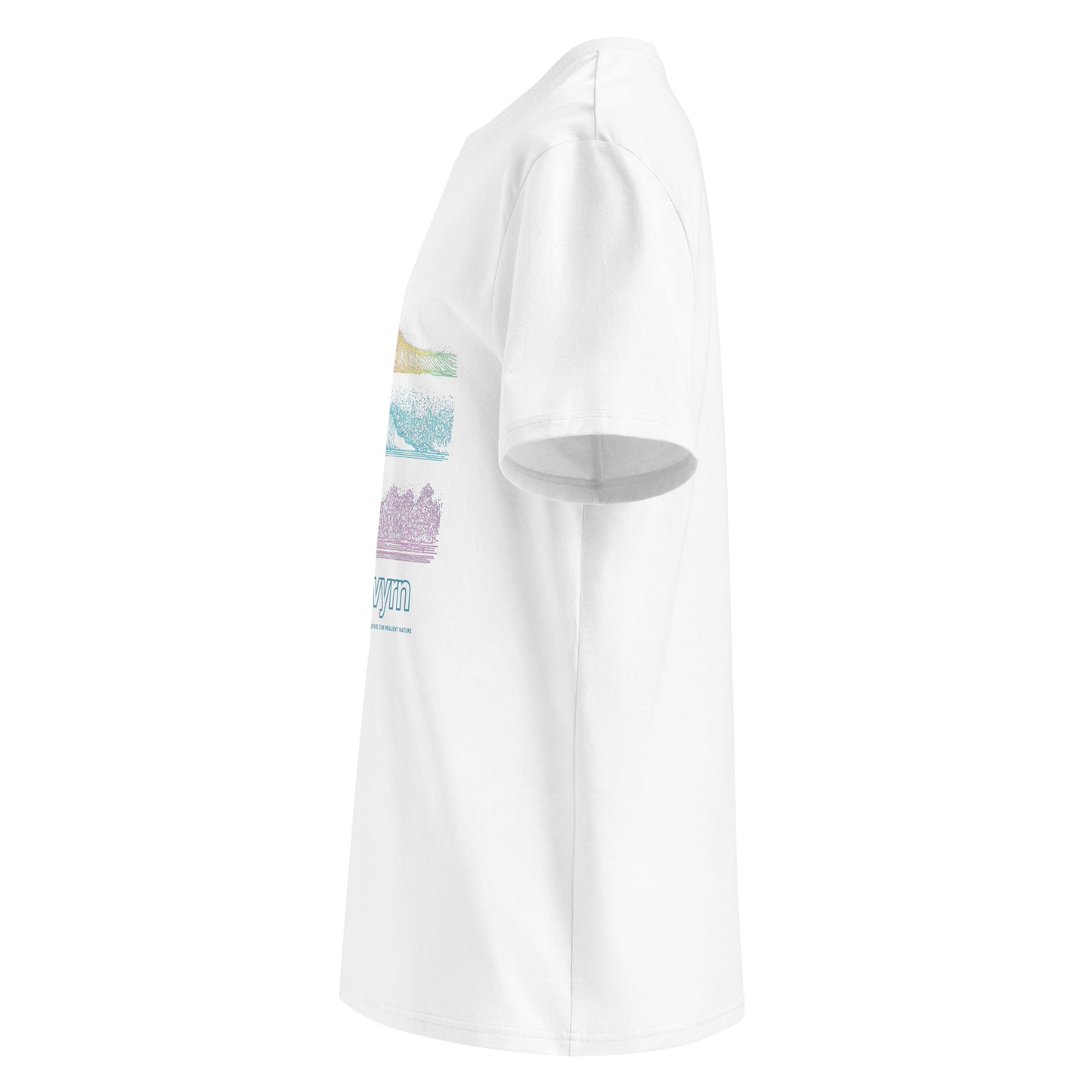 White t-shirt with a colorful graphic on a white background