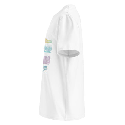 White t-shirt with a colorful graphic on a white background