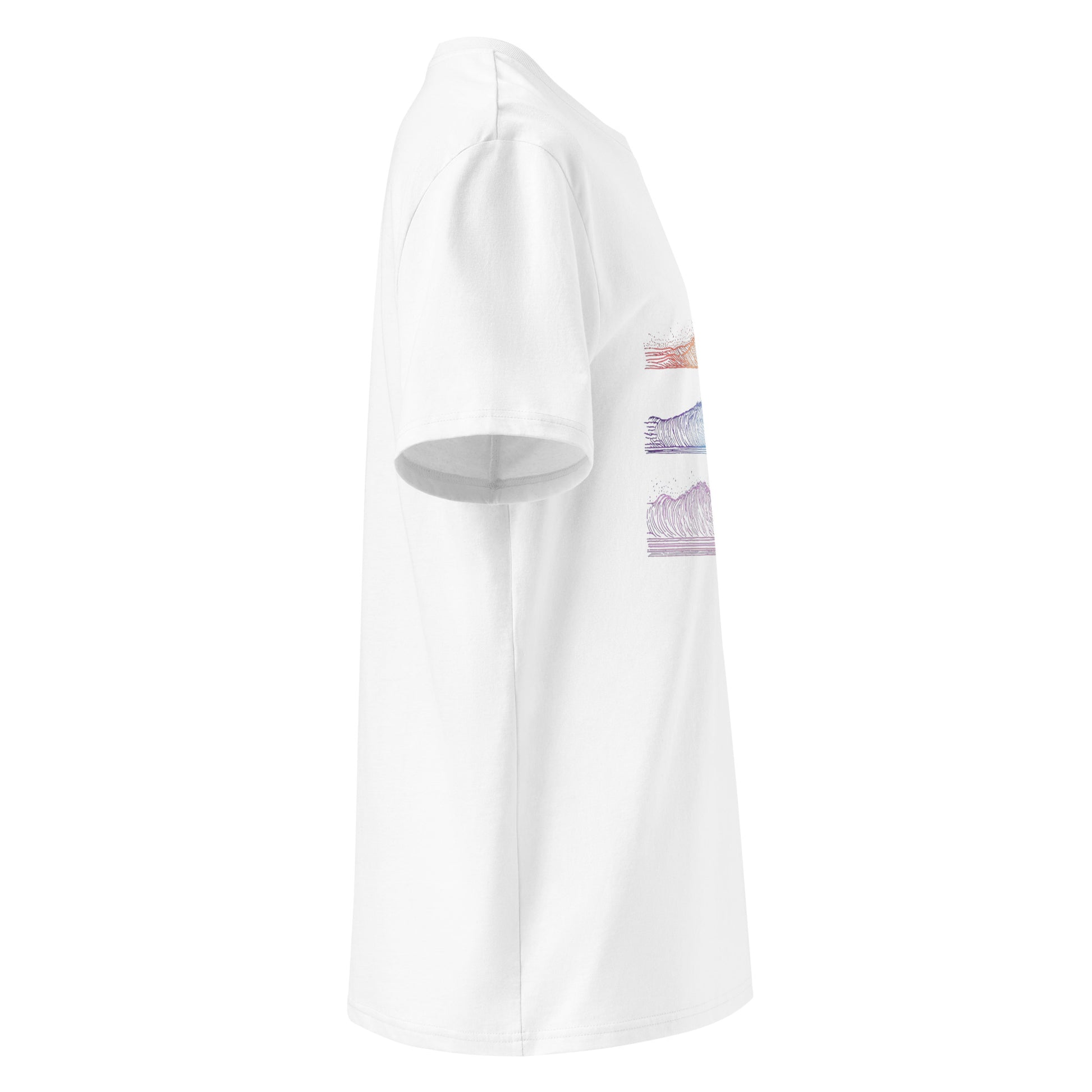 White t-shirt with a colorful graphic design on a white background