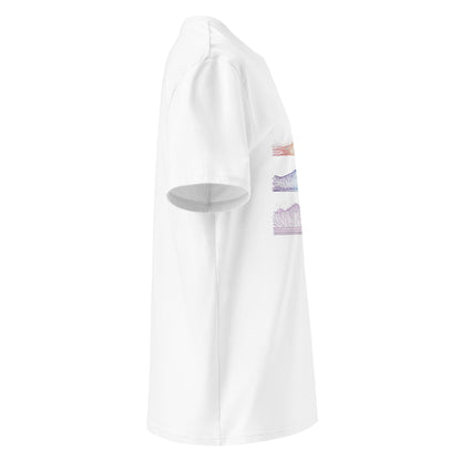White t-shirt with a colorful graphic design on a white background