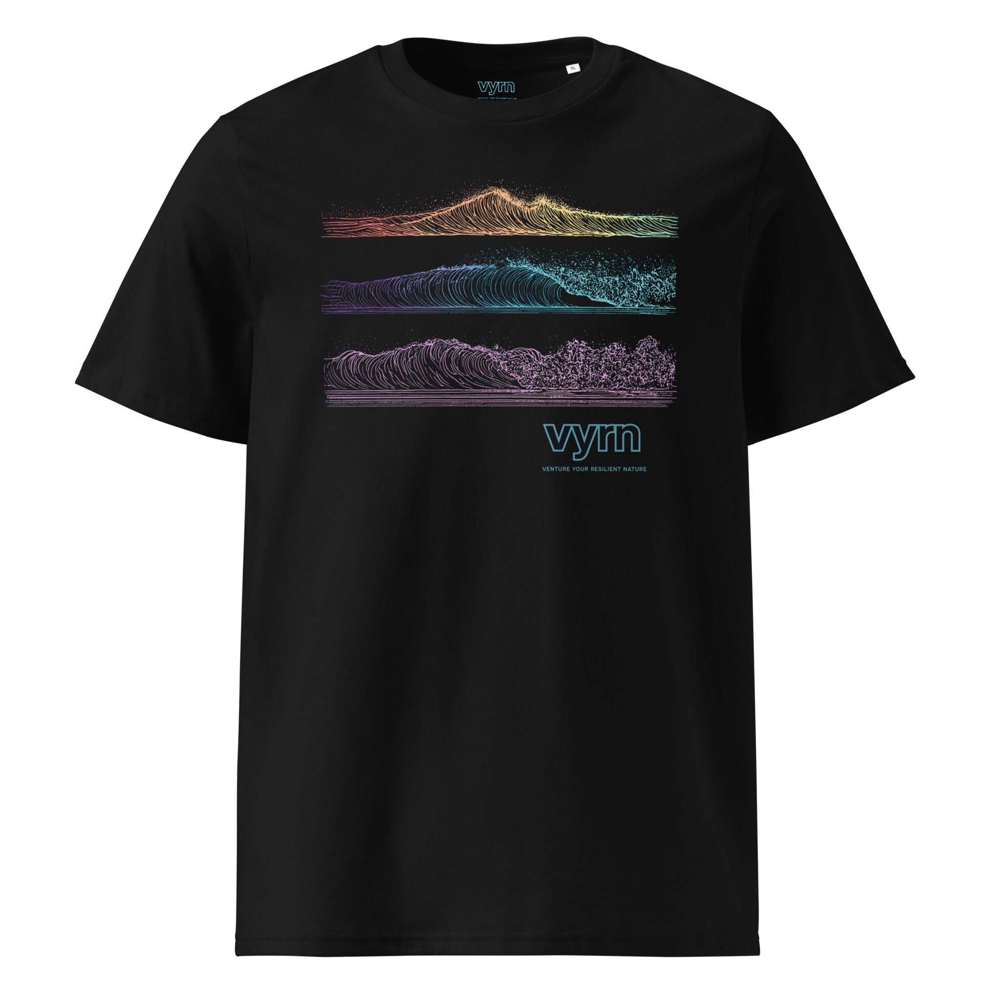 Black t-shirt with colorful mountain and wave design on a white background