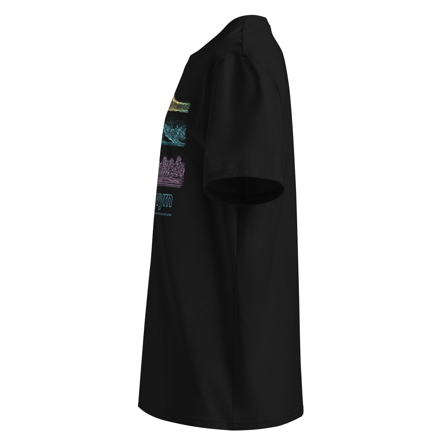 Black t-shirt with a colorful graphic on the sleeve against a white background