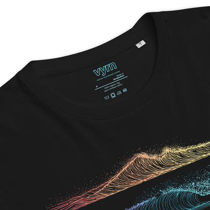 Black t-shirt with colorful abstract design on a white background