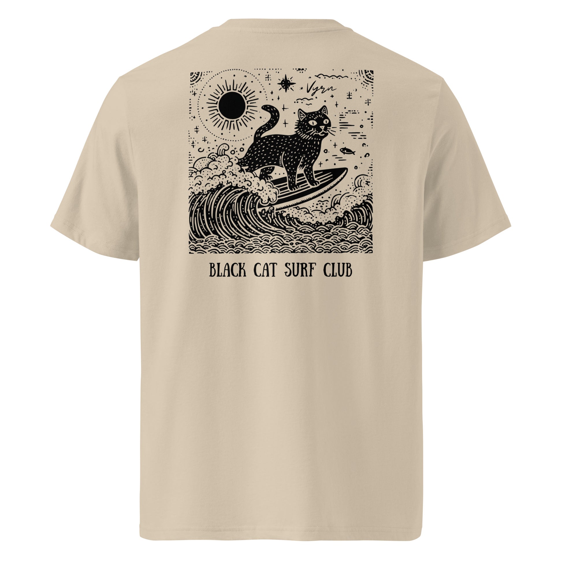 Desert Dust Beige t-shirt with a black cat surfing design on the back, labeled 'Black Cat Surf Club'.