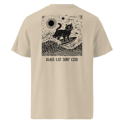 Desert Dust Beige t-shirt with a black cat surfing design on the back, labeled 'Black Cat Surf Club'.