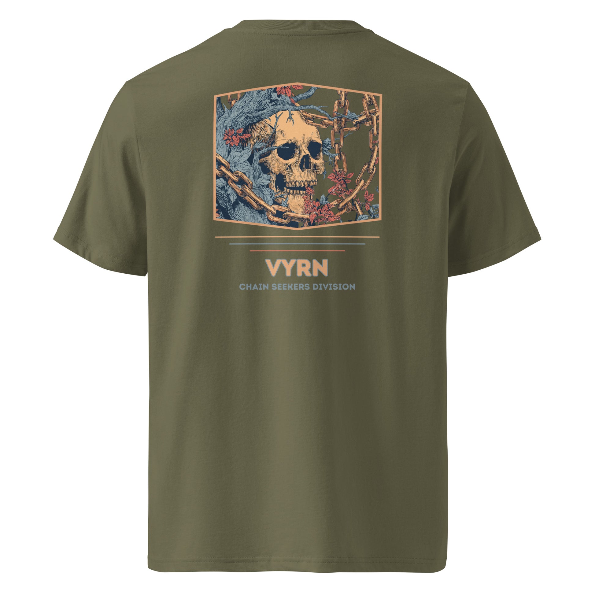 Khaki Green t-shirt with a skull graphic and 'VYRN' branding on the back.