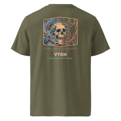 Khaki Green t-shirt with a skull graphic and 'VYRN' branding on the back.