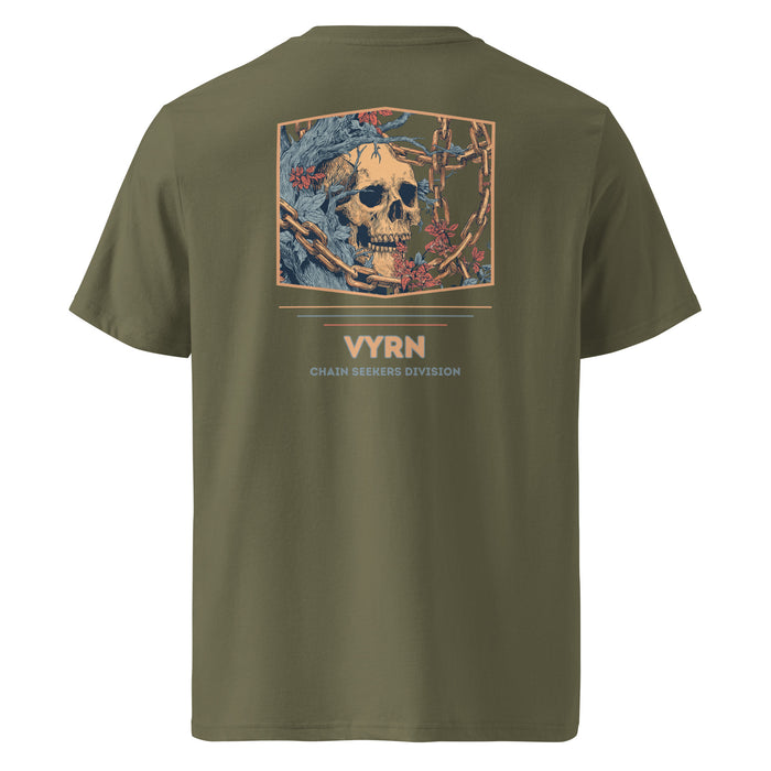 Khaki Green t-shirt with a skull graphic and 'VYRN' branding on the back.