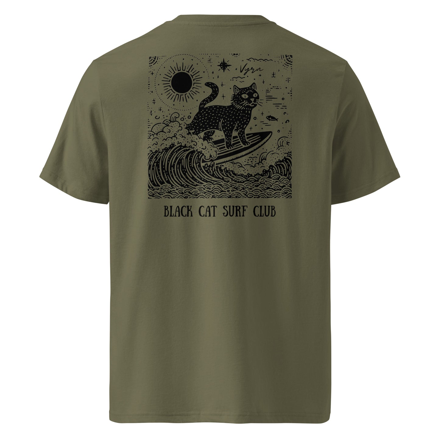 Khaki Green t-shirt with a black cat surfing design on the back, labeled 'Black Cat Surf Club'.
