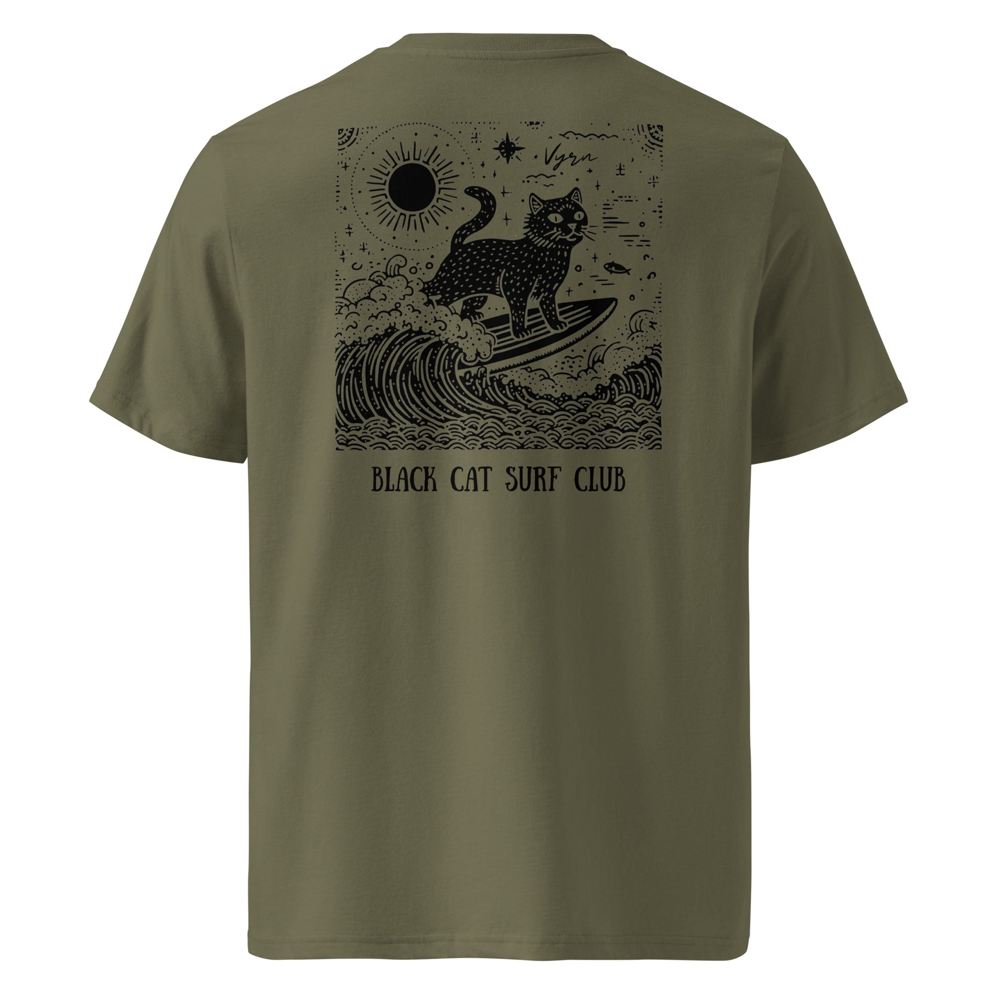 Khaki Green t-shirt with a black cat surfing design on the back, labeled 'Black Cat Surf Club'.