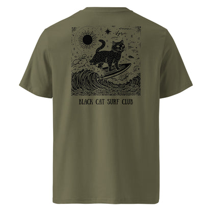 Khaki Green t-shirt with a black cat surfing design on the back, labeled 'Black Cat Surf Club'.