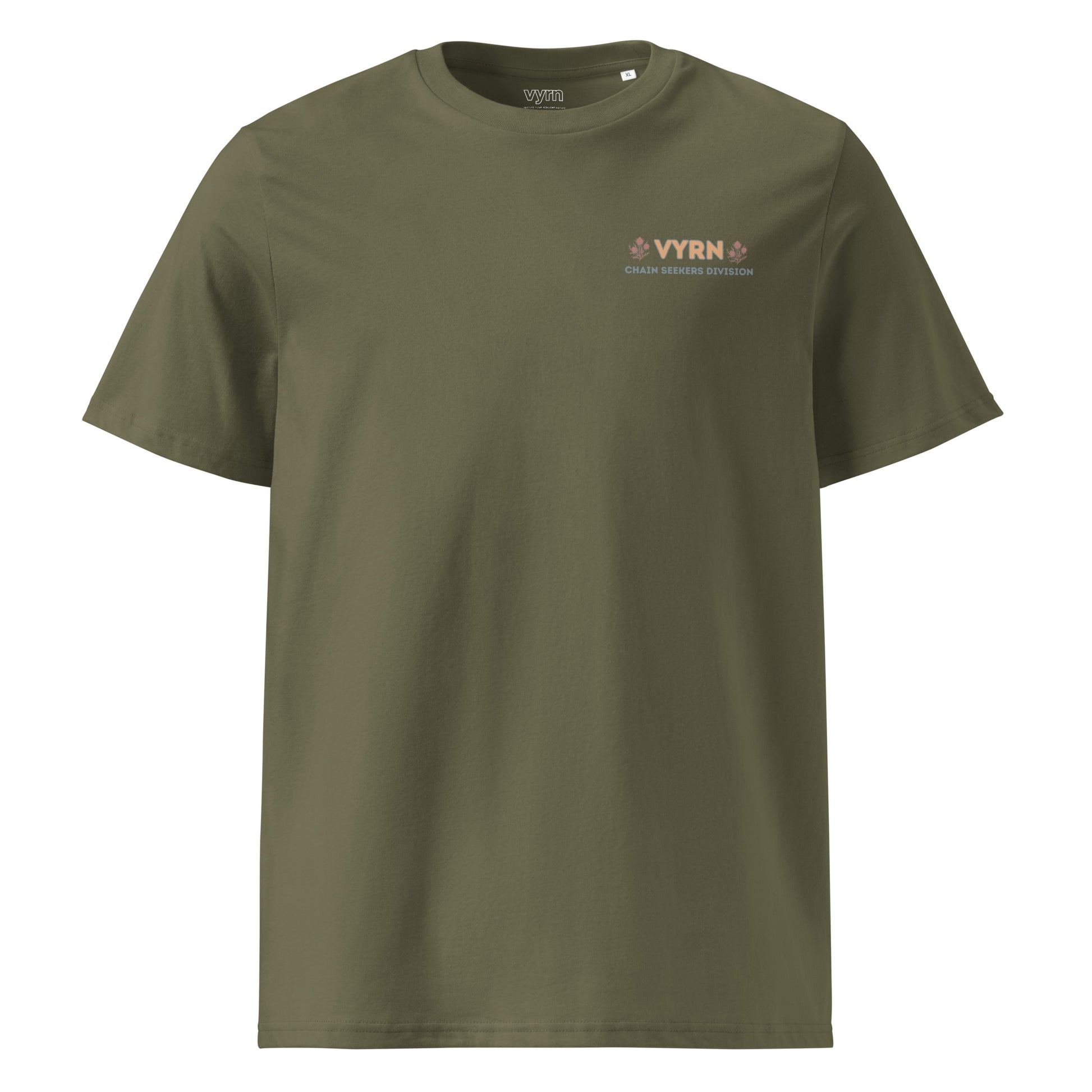 Khaki Green t-shirt with a VYRN logo on a white background front facing