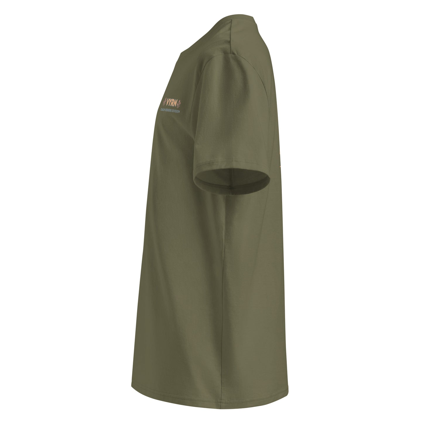 Khaki t-shirt with a logo on the chest against a white background