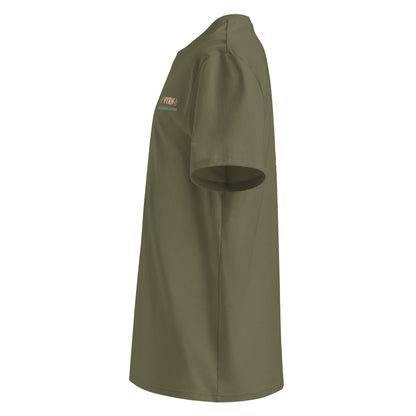 Khaki t-shirt with a logo on the chest against a white background