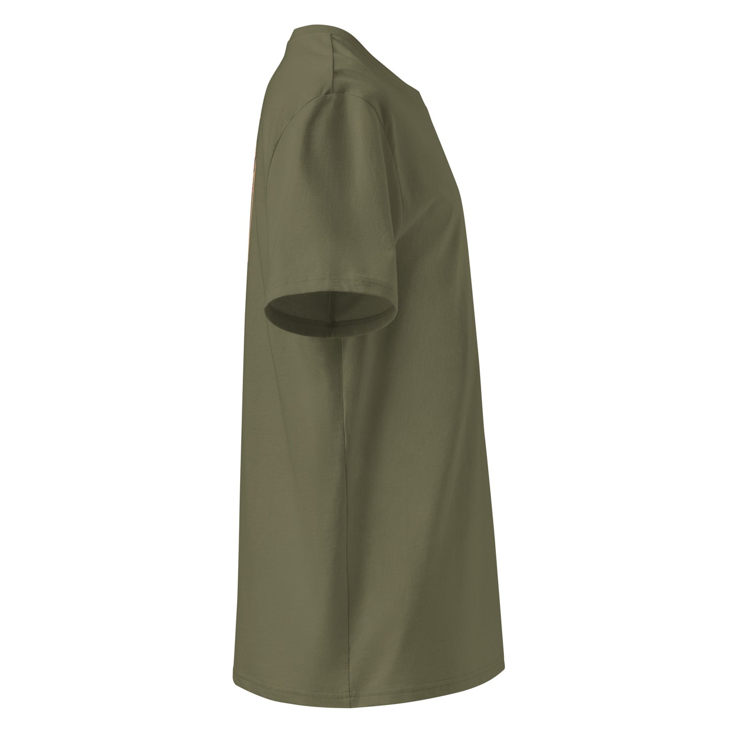 Khaki green VYRN t-shirt on a white background from the side