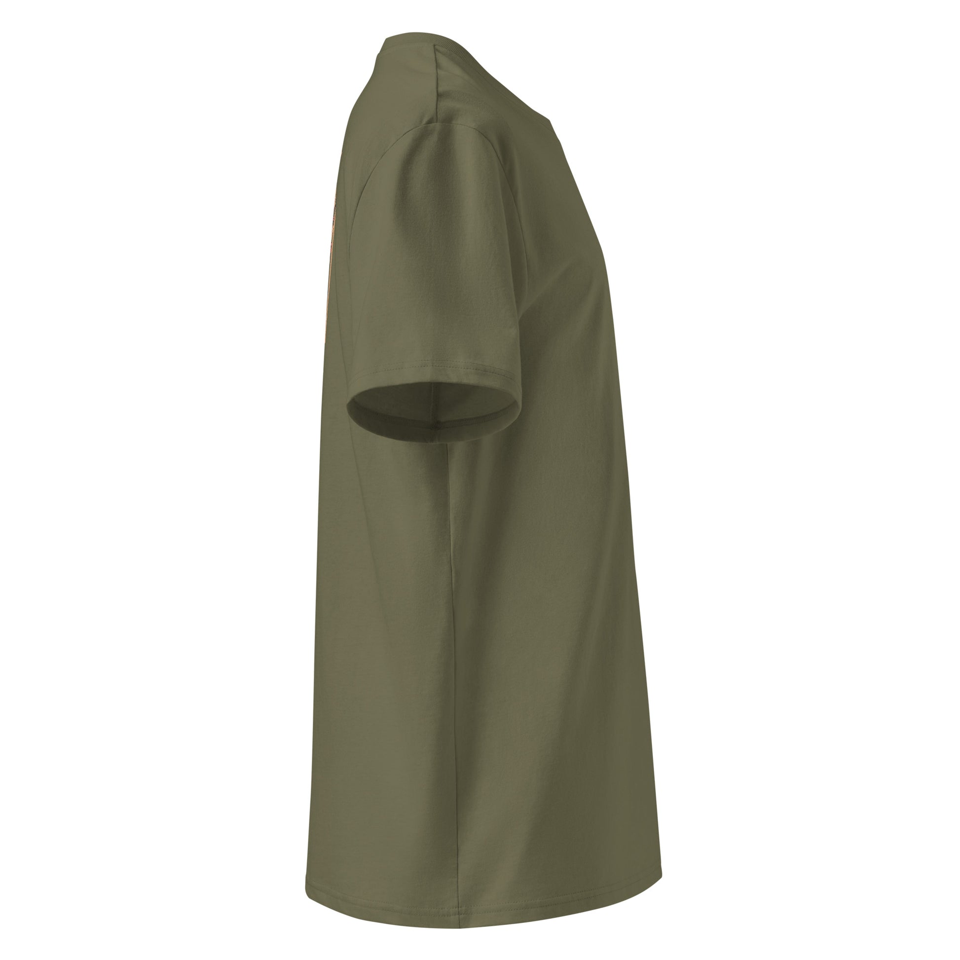 Khaki green VYRN t-shirt on a white background from the side