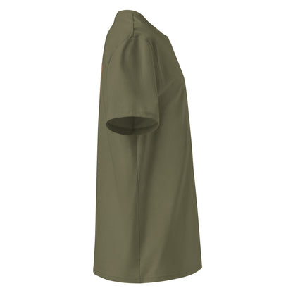 Khaki green VYRN t-shirt on a white background from the side