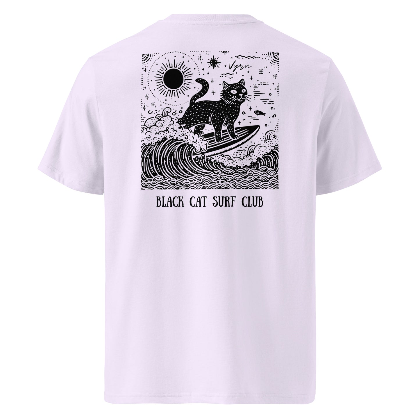 Lavender t-shirt with black cat surfing design on the back, labeled 'Black Cat Surf Club'.