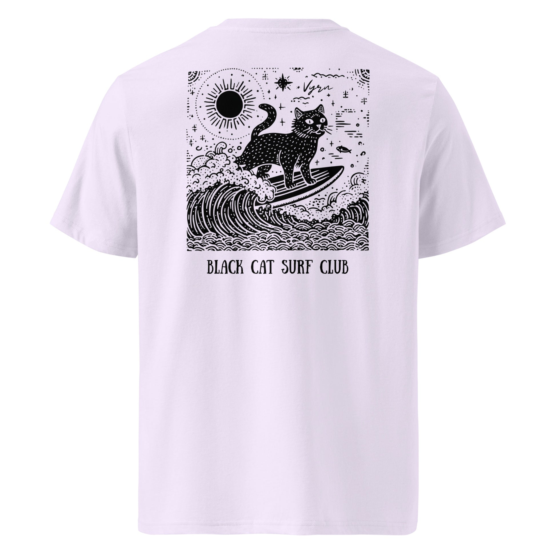 Lavender t-shirt with black cat surfing design on the back, labeled 'Black Cat Surf Club'.