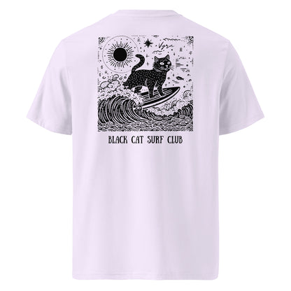 Lavender t-shirt with black cat surfing design on the back, labeled 'Black Cat Surf Club'.