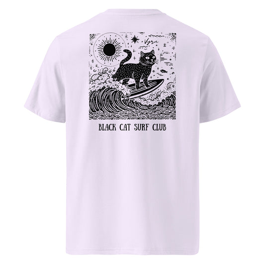 Lavender t-shirt with black cat surfing design on the back, labeled 'Black Cat Surf Club'.