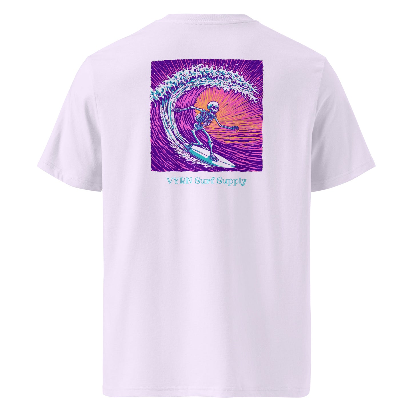 Lavender VYRN surf supply t-shirt with neon wave skeleton surfing 