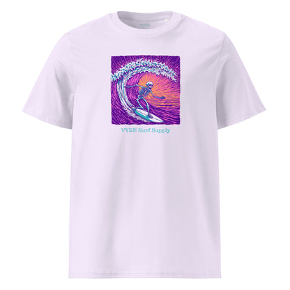 Lavender surf shredder t-shirt riding a neon wave 