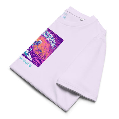 Lavender surf shredder t-shirt riding a neon wave 