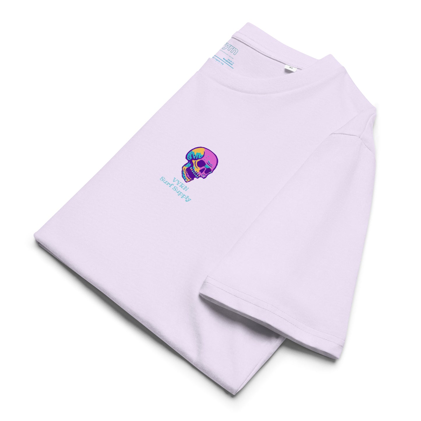 Lavender VYRN surf supply t-shirt with neon wave skeleton surfing 