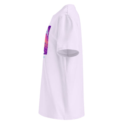 Lavender surf shredder t-shirt riding a neon wave 