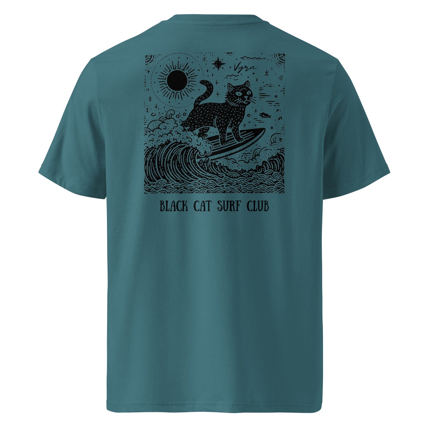 Stargazer t-shirt with black cat surfing design on the back, labeled 'Black Cat Surf Club'.