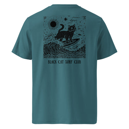 Stargazer t-shirt with black cat surfing design on the back, labeled 'Black Cat Surf Club'.