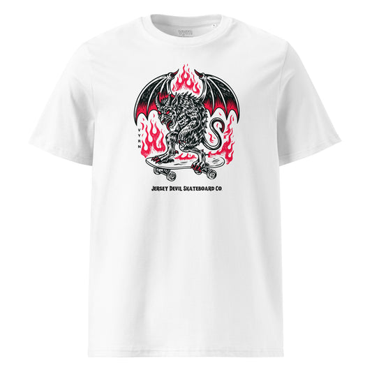 white short-sleeve crewneck t-shirt featuring a graphic of a black dragon with red flames and a skateboard, with the text 'JERSEY DEVIL SKATEBOARD CO' printed below.