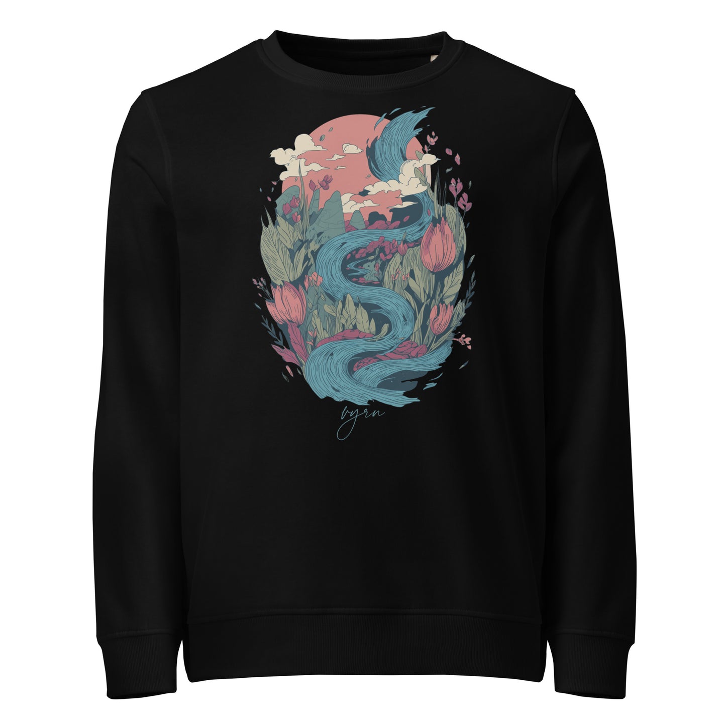 Black Flat lay of The Winding Waters Crewneck, a premium heavyweight organic cotton sweatshirt by VYRN