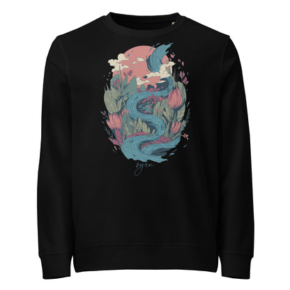 Black Flat lay of The Winding Waters Crewneck, a premium heavyweight organic cotton sweatshirt by VYRN