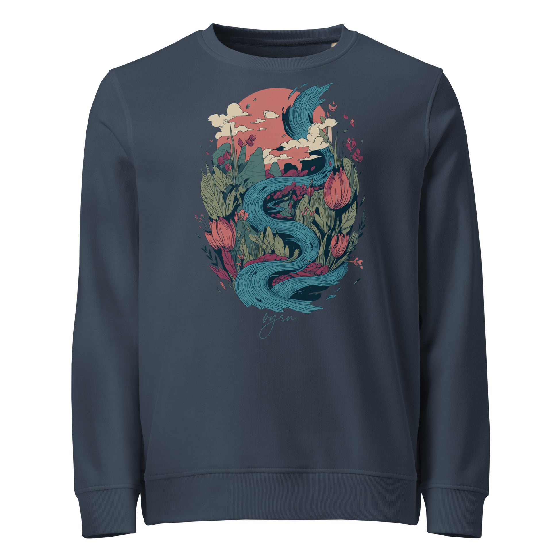 French Navy Flat lay of The Winding Waters Crewneck, a premium heavyweight organic cotton sweatshirt by VYRN