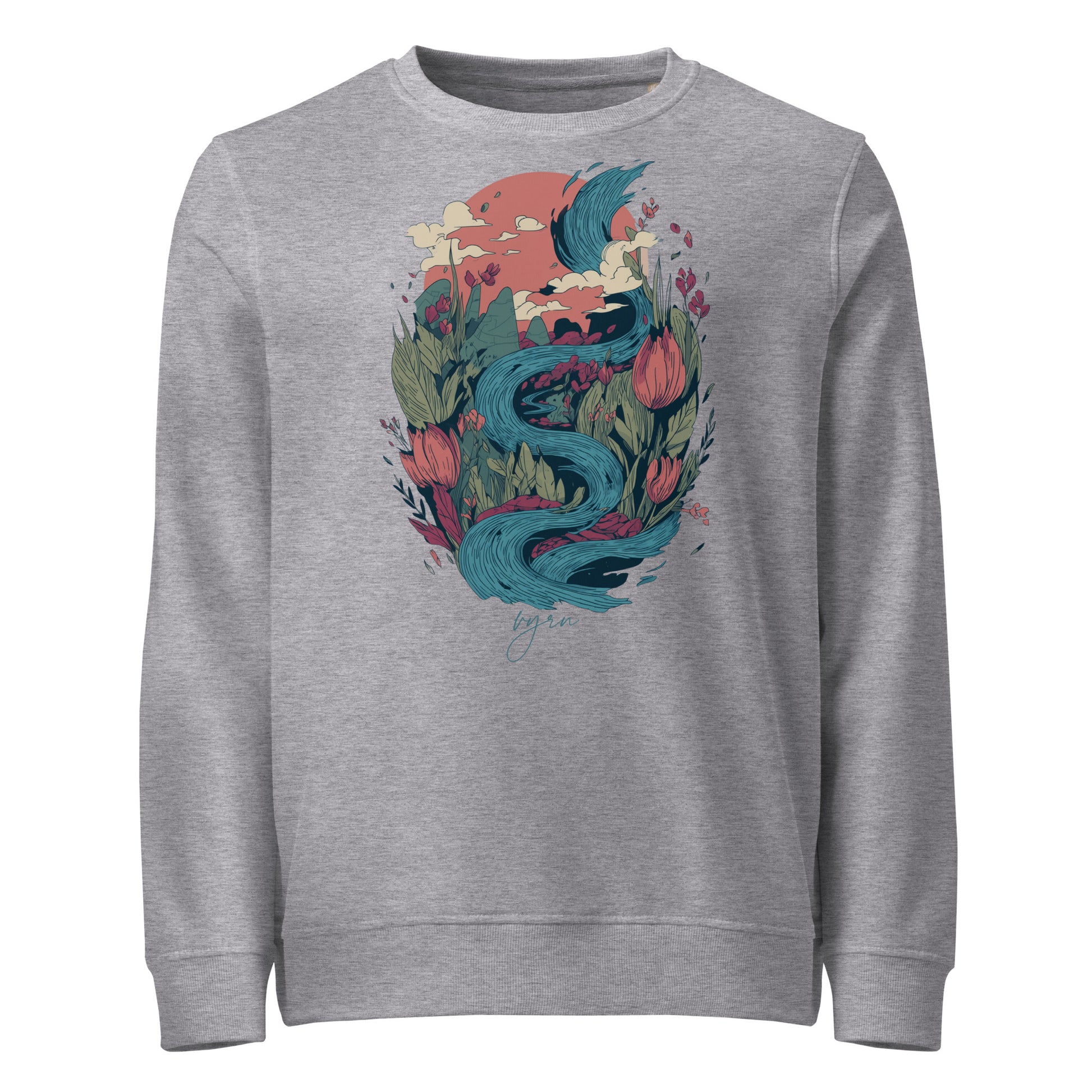 Grey Melange Flat lay of The Winding Waters Crewneck, a premium heavyweight organic cotton sweatshirt by VYRN