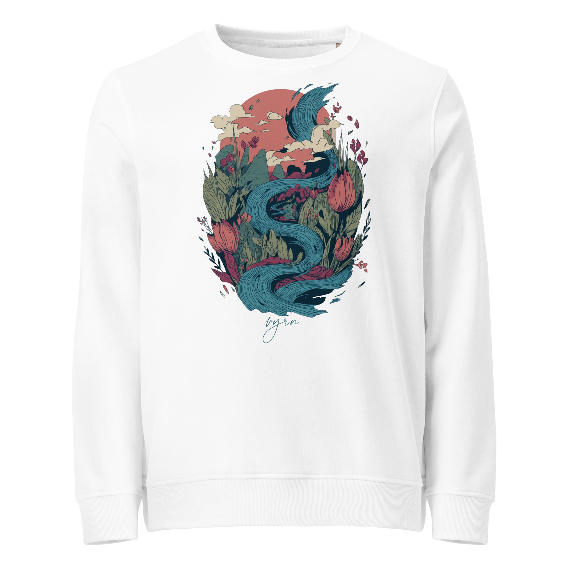 White Flat lay of The Winding Waters Crewneck, a premium heavyweight organic cotton sweatshirt by VYRN