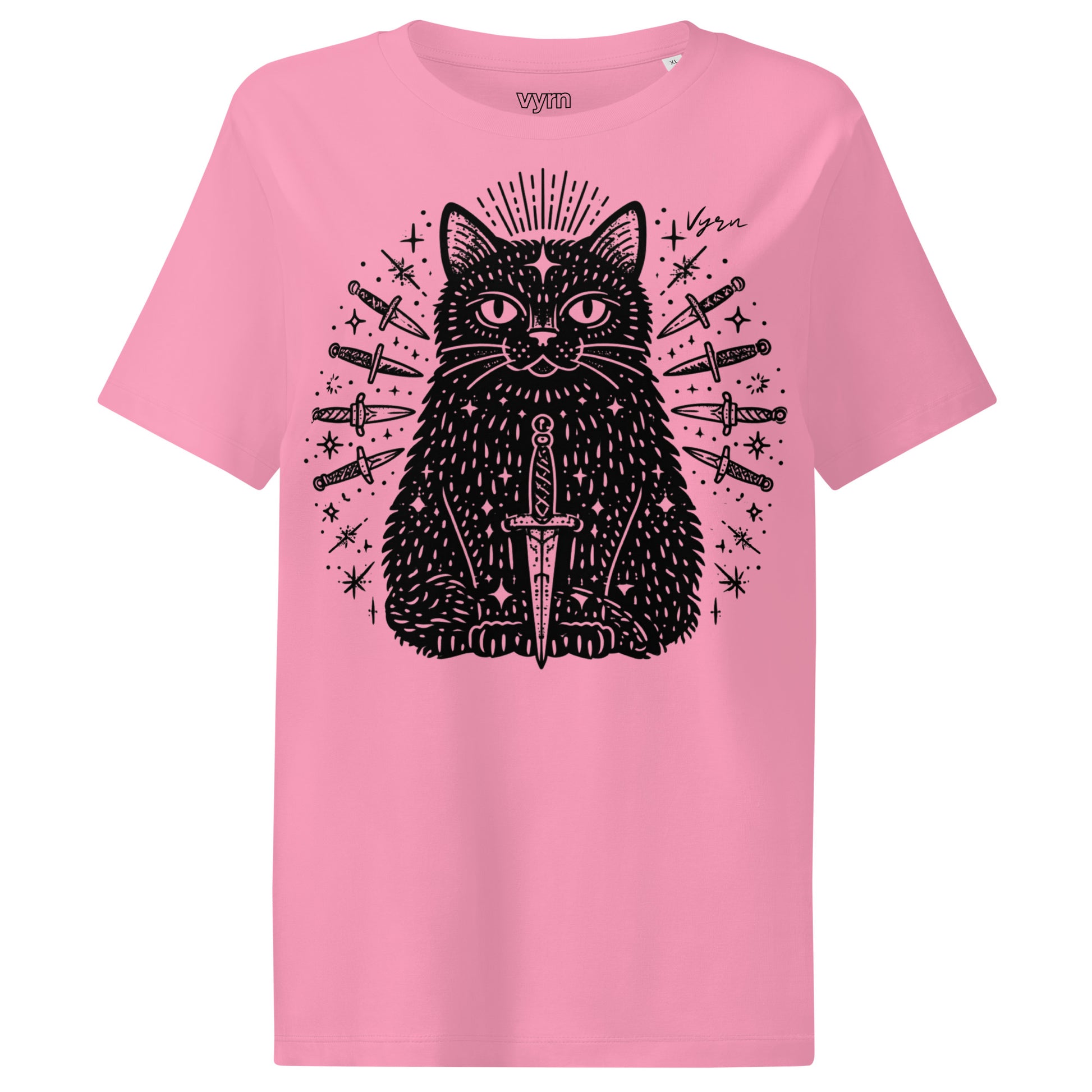 bubble pink short-sleeve crewneck t-shirt featuring a black graphic of a cat with a sword and surrounding knives, on a plain white background.