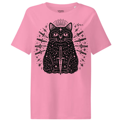 bubble pink short-sleeve crewneck t-shirt featuring a black graphic of a cat with a sword and surrounding knives, on a plain white background.