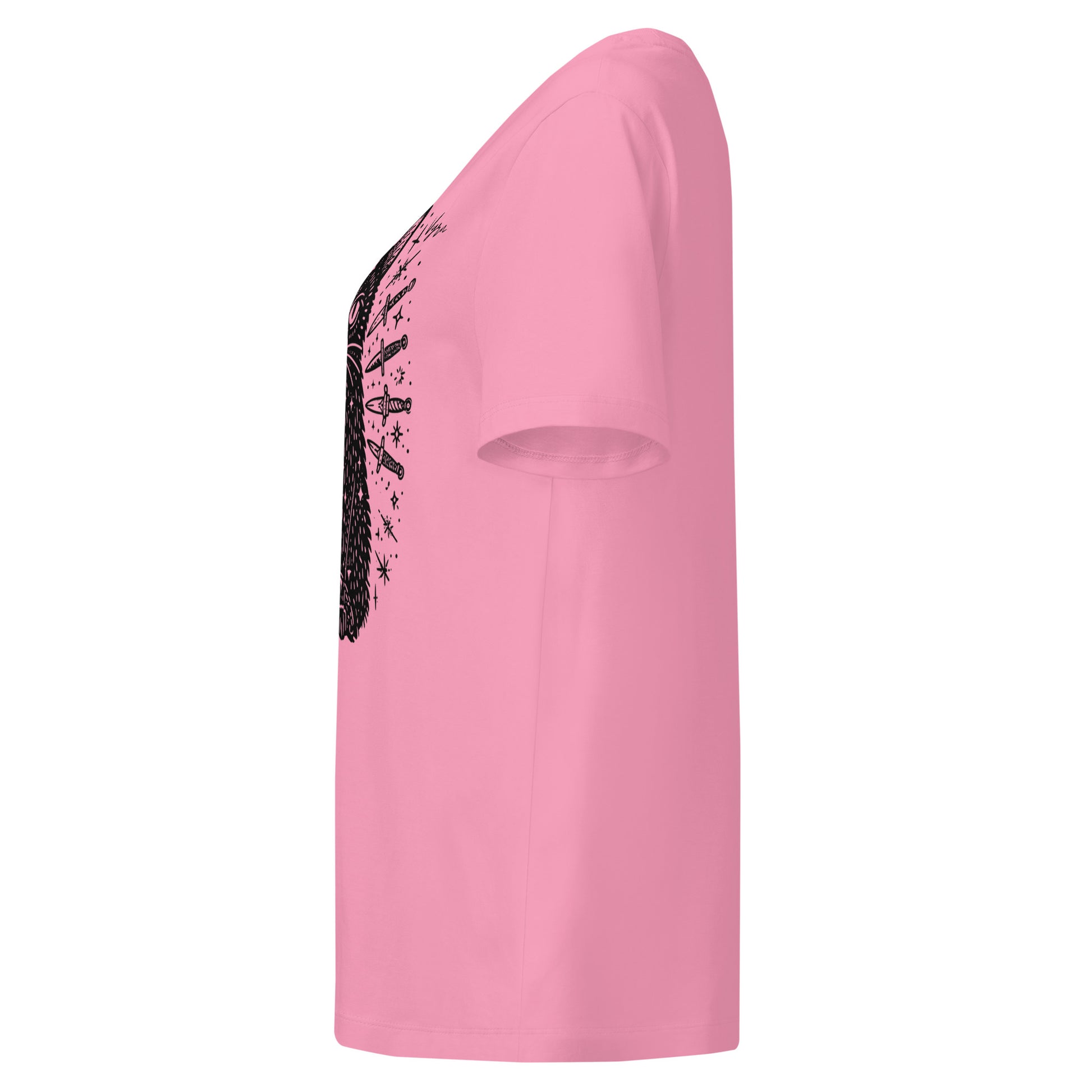 bubble pink short-sleeve t-shirt shown from a side profile view, featuring a black sequined graphic on the upper chest.