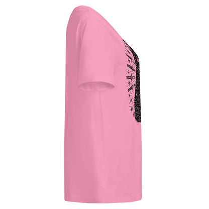 bubble pink short-sleeve t-shirt shown from a side profile view, featuring a black graphic print on the front.